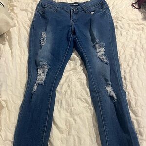 Fashion Nova Dark Blue Distressed Skinny Jeans